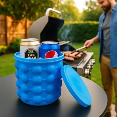 Imagem de Balde de Gelo Silicone Térmico 2 em 1 Azul Portátil 120 Cubos Resfriador Bebidas Freezer Compacto