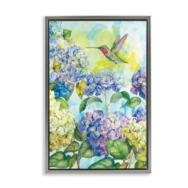 Imagem de Stupell Industries Hortênsias primavera com beija-flor cinza moldura tela flutuante arte design de parede por Tim Coffey, 78 x 53