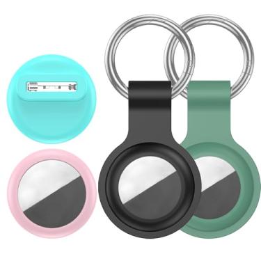 Imagem de VSANT [Conjunto de 4 unidades] Capa compatível com suporte Apple AirTag, 2 chaveiros + 2 protetores seguros estilo pino, capa de silicone durável antiperda à prova de choque para GPS para crianças