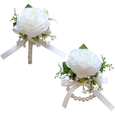 Imagem de MAFELOE Conjunto de 2 peças de corpete rosa artificial para baile de formatura, flores de simulação, acessórios para festa de casamento, evento de negócios, decoração de terno - branco (M7-Y2-S-MG)