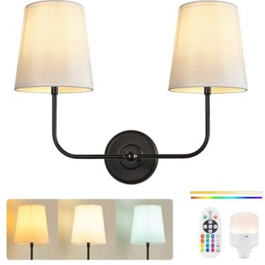Imagem de Arandela de parede dupla sem fio, recarregável, alimentado por bateria, controle remoto, regulável, fácil instalação, 5200 mAh, luminária de parede ideal para quarto, sala de estar e iluminação