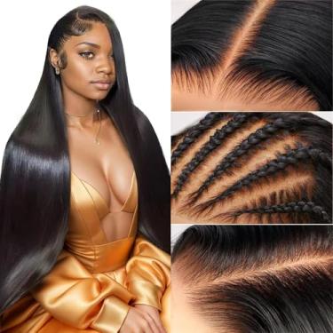 Imagem de Perucas frontais de 81 cm, 33 x 10 cm, cabelo humano pré-arrancado, nós pré-descoloridos, densidade 200% HD, transparente, renda, cachoeira, frente reta, perucas com cabelo de bebê para mulheres sem