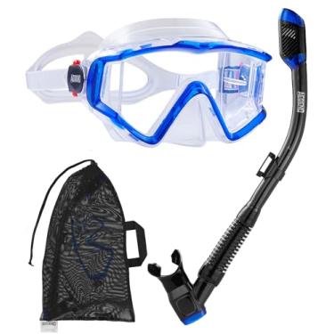 Imagem de Aegend Equipamento de mergulho para adultos, conjunto de snorkel seco, visão panorâmica, tecnologia anti-vazamento e anti-nevoeiro, alça ajustável para snorkeling, mergulho, natação com bolsa de malha