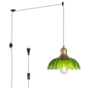 Imagem de KUZZULL Luminárias pendentes de plugue: Lâmpada suspensa Plug in Lâmpada pendente de vidro verde, luz suspensa para ilha de cozinha, quarto, sala de jantar, sala de estar, E26 sem lâmpada