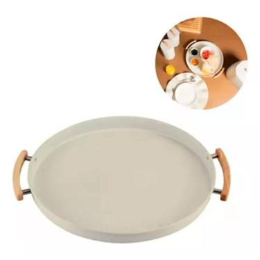 Imagem de Bandeja Servir Decorativa Redonda Metal Bambu Sense - Bege