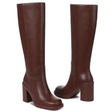 Imagem de CYNLLIO Botas de cano alto femininas plataforma Gogo bota cano alto até a coxa com salto grosso de 9 cm bico quadrado zíper lateral, Marrom, 36