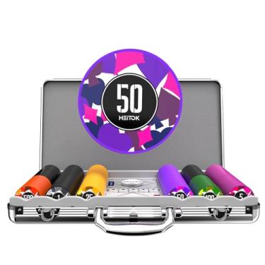 Imagem de Conjunto de Fichas de Poker com Denominações, 300 peças de 11,5g Profissionais Numeradas com Estojo de Alumínio Inclui 5 Dados e 2 Baralhos de Cartas para Texas Hold'em