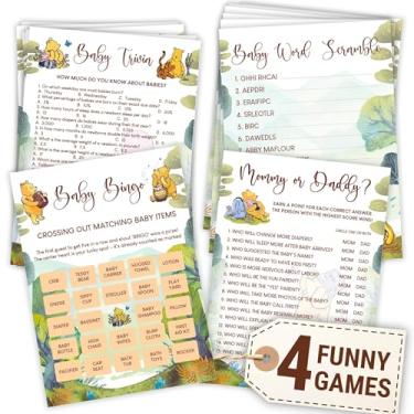 Imagem de Woodamore Winnie Baby Shower Games Boy – Pooh Baby Shower Cartões de bingo para 25 convidados, ideias de jogo Word Scramble Guess Who Mommy Or Daddy para decorações de festa