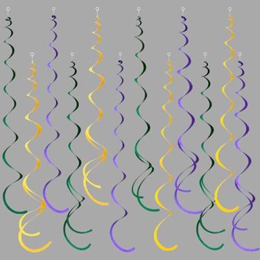 Imagem de 36 peças verde amarelo roxo pendurado redemoinho decorações feltro redemoinho flâmula espiral teto guirlanda banner para baile de máscaras Mardi Gras tema aniversário chá de bebê casamento noivado