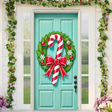 Imagem de BlissYard Capa de porta de Natal para portas festivas de inverno, 188 x 89 cm, design de guirlanda de bengala doce, alegre, decoração de porta de entrada, faixa acolhedora para berloques sazonais