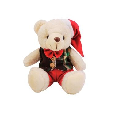 Imagem de Urso Pelúcia Natalino Creme Prime Colete Xadrez Verde e Marrom Gorro e Gravata Vermelho 20cm - Master Christmas