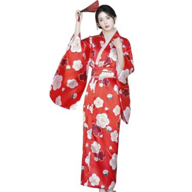 Imagem de EXPOING Kimonos for Women Japanese costumes with Belt Elegant Long Sleeve Traditional Style Dresses Geisha Yukata Cosplay (Sakura Red, One Size)