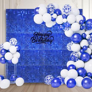 Imagem de 36 peças de fundo de parede azul brilhante, painel de fundo de foto de lantejoulas quadradas, fundo de parede com glitter para aniversários, casamentos, Halloween, noivados, decoração de festa de