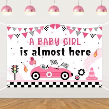 Imagem de Pano de fundo rosa para chá de bebê - A Baby Girl Is Almost Here Decorações Tema Esportivo Decoração de Chá de Bebê Carro de Corrida Rosa para Suprimentos de Chuveiro BBY