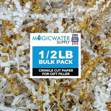 Imagem de Enchimento de papel triturado com corte de amassado (1,3 kg) para embrulho de presente e enchimento de cesta - Branco e Ouro | MagicWater Supply