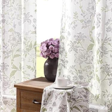 Imagem de Cortinas transparentes florais cinza de 153 cm de comprimento, 2 painéis para quarto, cortinas rústicas vintage com estampa de flores, bolso para varão, filtragem de luz, quinta, cortinas de janela