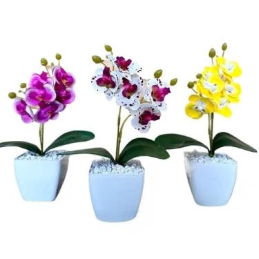 Imagem de Decoração Sala, kit três vasinhos mini arranjo de orquídeas permanentes efeito real decoração(TRIO MODELO 19)