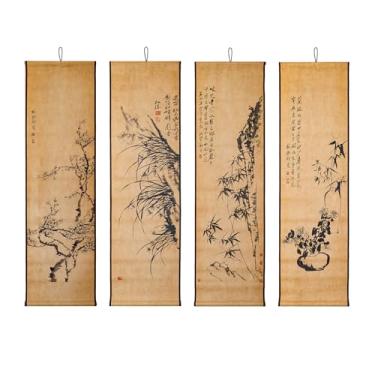 Imagem de CIFIBIFUN Rolo de arte de parede com 4 painéis, pintura de tinta japonesa preta, Shikunshi, decoração asiática, moldura de barra de madeira de papel para sala de meditação zen em casa