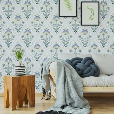 Imagem de ESSMOKO Papel de parede colorido planta flor hidrosol papel de parede sala de estar quarto escritório fundo decorativo adesivo de parede flores azuis e verdes 45 * 600 cm