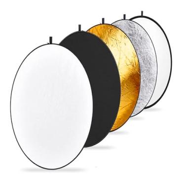 Imagem de Refletor/Rebatedor 5 em 1 60 cm Dobrável com Bolsa – Disco para Fotografia e Vídeo, Superfícies Prata, Dourado, Branco, Preto e Translúcido, Ideal para Estúdio e Externas