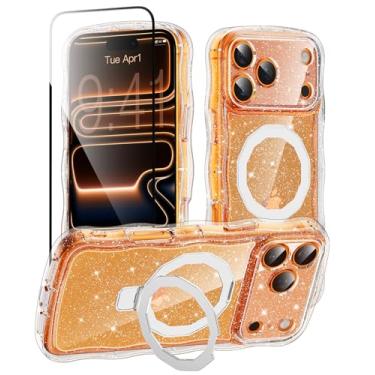 Imagem de MIODIK Capa compatível com iPhone 17 Pro Max com protetor de tela, suporte integrado sem costura e proteção de câmera atualizada, [compatível com MagSafe] Capa de celular ondulada com glitter