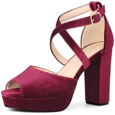 Imagem de Perphy Sandália feminina com salto bloco de veludo Peep Toe, Borgonha, 37