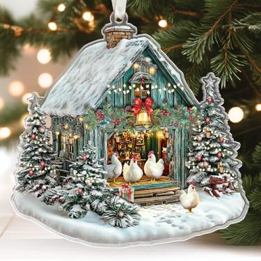 Imagem de Enfeites de galinha - Enfeite de Natal de galinha - Ornamentos de fazenda para árvore de Natal - Presentes para amantes de fazenda para mulheres e homens - Ornamento de acrílico para pendurar