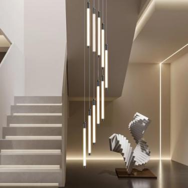 Imagem de Lustre moderno de LED para escada com altura ajustável, luminária pendente de ferro preto, iluminação chique para teto alto, ideal para hotel, villa, bar, lobby, luminária pendente decorativ