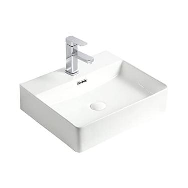 Imagem de Pias de banheiro pia de vaso de banheiro retangular de cerâmica branca, 40 x 40 cm, pia de porcelana acima do balcão com combinação de torneira para banheiro, hotel ou pia de vaso de bar