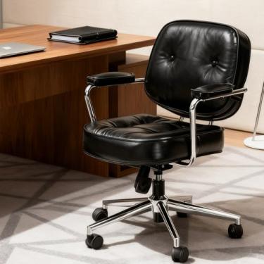 Imagem de Daksan Cadeira de Escritório Executiva em Couro PU com Apoio Lombar Baixo, Ergonômica, Altura Ajustável, Braços Acolchoados, Base Giratória 360° e Rodízios Para Casa Preto/Bege/Castanho