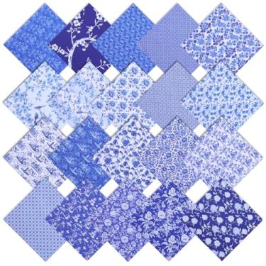 Imagem de 20 unidades de pacotes de tecido acolchoado floral azul vintage quadrados de tecido de algodão 25 x 25 cm pré-cortados tecidos acolchoados patchwork floral para decoração de festa artesanal DIY