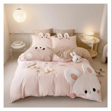Imagem de Jogo de cama infantil 100% algodão fofo desenho animado pinguim coelho urso conjunto de cama casal capa de edredom fronhas presente infantil (coelho king tamanho 4 peças)