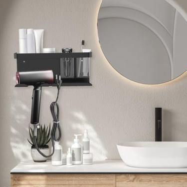 Imagem de HJJWNDDNG Organizador de ferramentas de cabelo, suporte universal para secador de cabelo, suporte de alumínio para secador de cabelo, montado na parede com caixa de armazenamento removível para