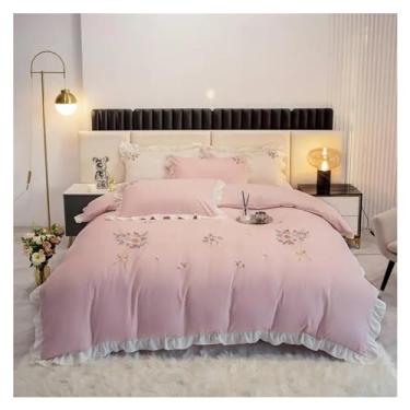 Imagem de Conjunto de cama 100% algodão lavado, flores chiques, bordadas, rosa, branco, borda de babados, fronhas elásticas ajustadas (queen roxo)