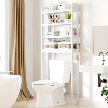 Imagem de Smiry Armário de armazenamento sobre o vaso sanitário, organizadores de banheiro de bambu de 4 camadas com prateleira ajustável e 4 ganchos, prateleira com economia de espaço para banheiros
