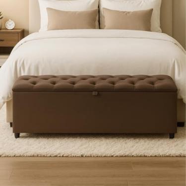 Imagem de Báu Estofado alongado tamanho King em Suede Marrom elegante e resistente 50x185x42