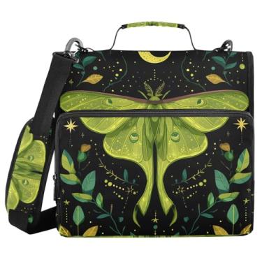 Imagem de Fichário de 3 anéis com zíper com alça de ombro mística verde lua mariposa boho 3,8 cm fichários grande capacidade vários bolsos para escola material de escritório