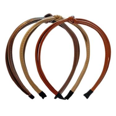 Imagem de 3 faixas de cabelo femininas de couro, fofas, finas, com nó, antiderrapante, fashion, retrô, crossover, acessórios de cabelo, cáqui, marrom escuro, café