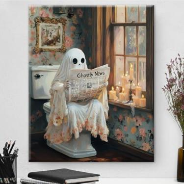 Imagem de Arte de parede de banheiro fantasma engraçado fantasma assustador no vaso sanitário pôster impressão em tela gótica Dark Academia decoração de parede para decoração de casa de banho, decoração de