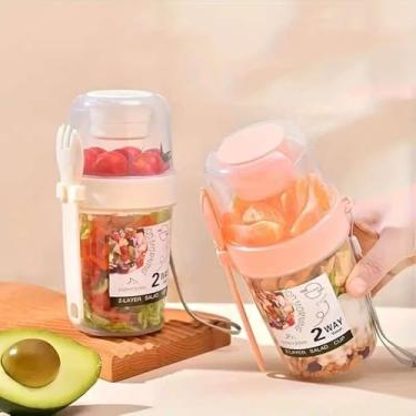 Imagem de Copo de café da manhã em movimento, recipiente de camada dupla de 765 g com colher e molho - perfeito para aveia, iogurte, saladas verdes