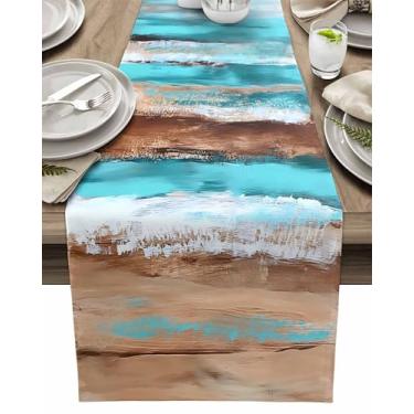 Imagem de Caminho de mesa vintage marrom turquesa caminhos de mesa 33 x 183 cm de comprimento ondas do oceano corredor de jantar cozinha decoração de mesa de jantar para decoração de festa em casa