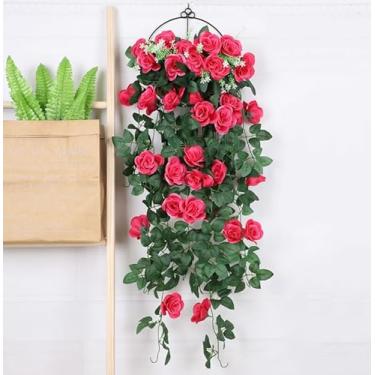 Imagem de 95 cm, guirlandas de rosas artificiais, videiras, folhas penduradas, plantas de seda, videira para quarto, aniversário, aniversário, Natal, decoração de arco de parede (rosa vermelha)