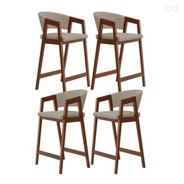 Imagem de Kit 4 Banquetas Alta para Ilha de Cozinha Ravena Madeira Maciça Pinhão Suede Bege CCS