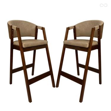 Imagem de Kit 2 Banquetas Alta de Madeira Maciça Capuccino Ravena com Encosto Sintético Marrom Bege CCS