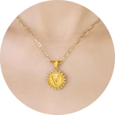 Imagem de Colar com pingente circular inicial A-Z, joia personalizada de aço inoxidável com bordas decorativas, adequado para mulheres, F, Aço inoxidável, Sem Pedra Preciosa