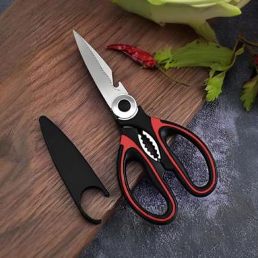 Imagem de 1 tesoura de aço inoxidável resistente: perfeita para cortar carne, peixe e muito mais, pode ser lavada na lava-louças (preto e vermelho)