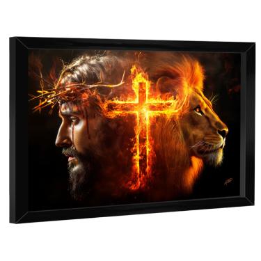 Imagem de Quadro Decorativo Jesus, Cruz e Leão Fogo