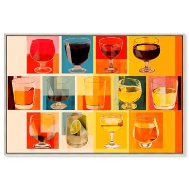 Imagem de Drinks On The Line Retro Drinks Bar Cart Print Canvas Wall Art por Notoriart, Moldura flutuante prata, 61 cm x 40 cm