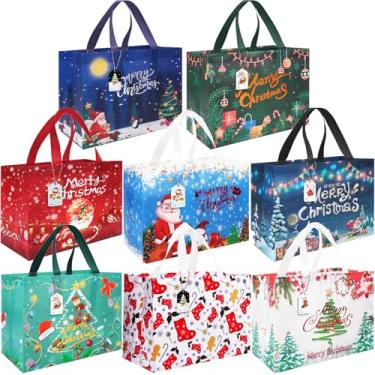 Imagem de BorKinHa 8 pacotes de sacos de presente de Natal com alças grandes não tecido (colorido-003-8 peças)