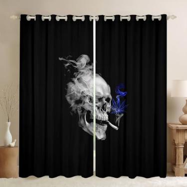 Imagem de Erosebridal Cortinas de caveira esfumaçada 96,5 cm x 114,3 cm, cortinas de janela com folhas de maconha azul-petróleo para crianças, meninos, meninas, adolescentes, cortinas blackout de esqueleto